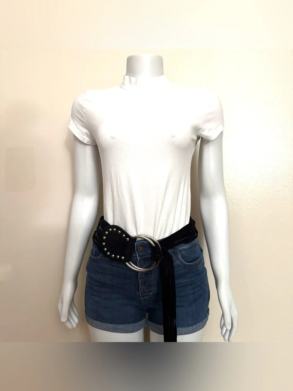 Black PU suede leather wrap belt silver ring buckle with long fringe details
